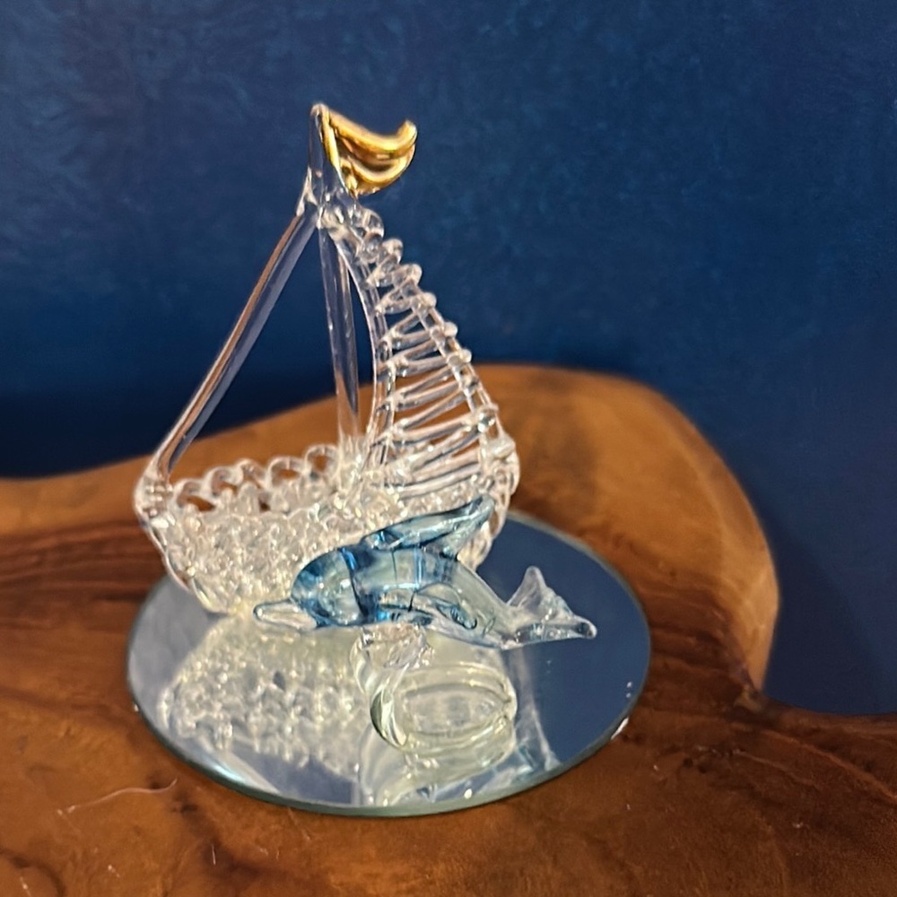 VTG 80s Hand Blown Spun Glass Mini Sailboat Blue Dolphine Flipper Figurine MCM